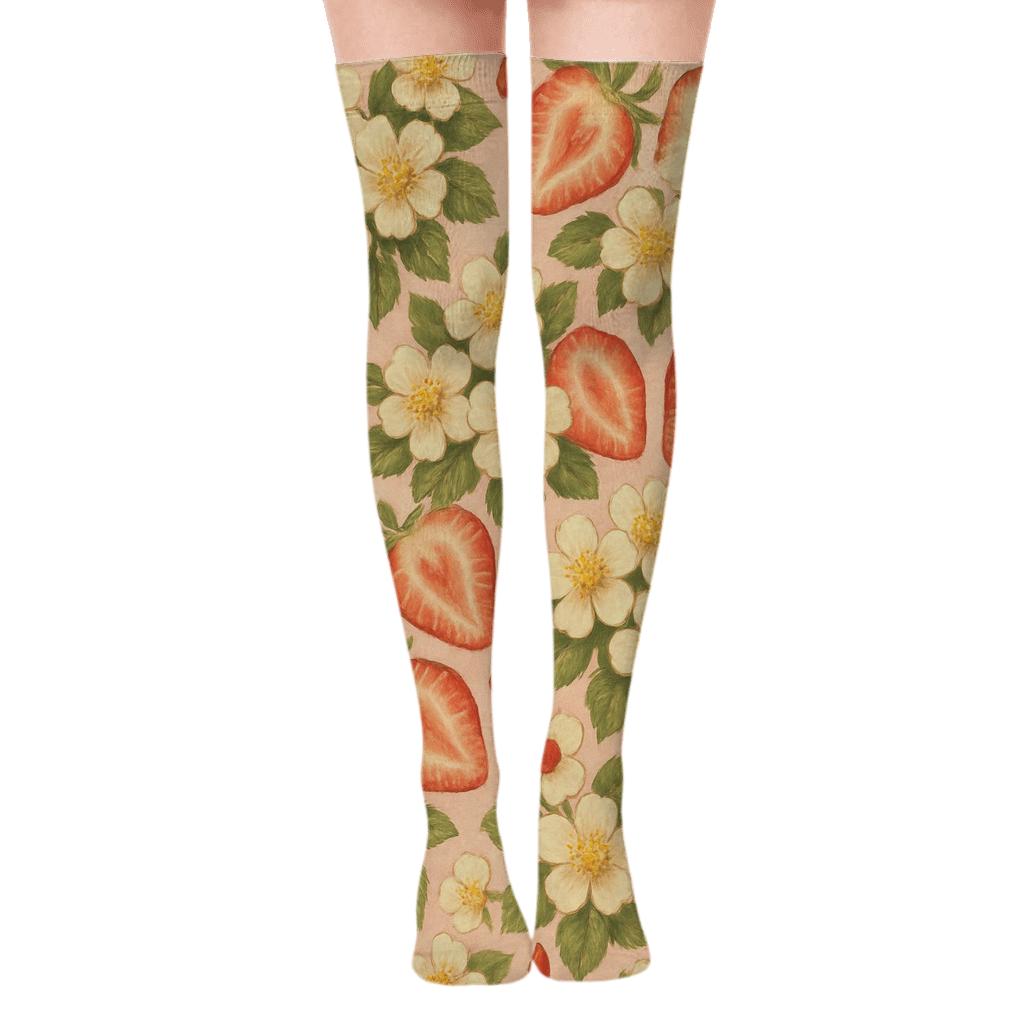 Strawberry Blossom Glow Array On Pink Field trendy patterned over-the-knee socks