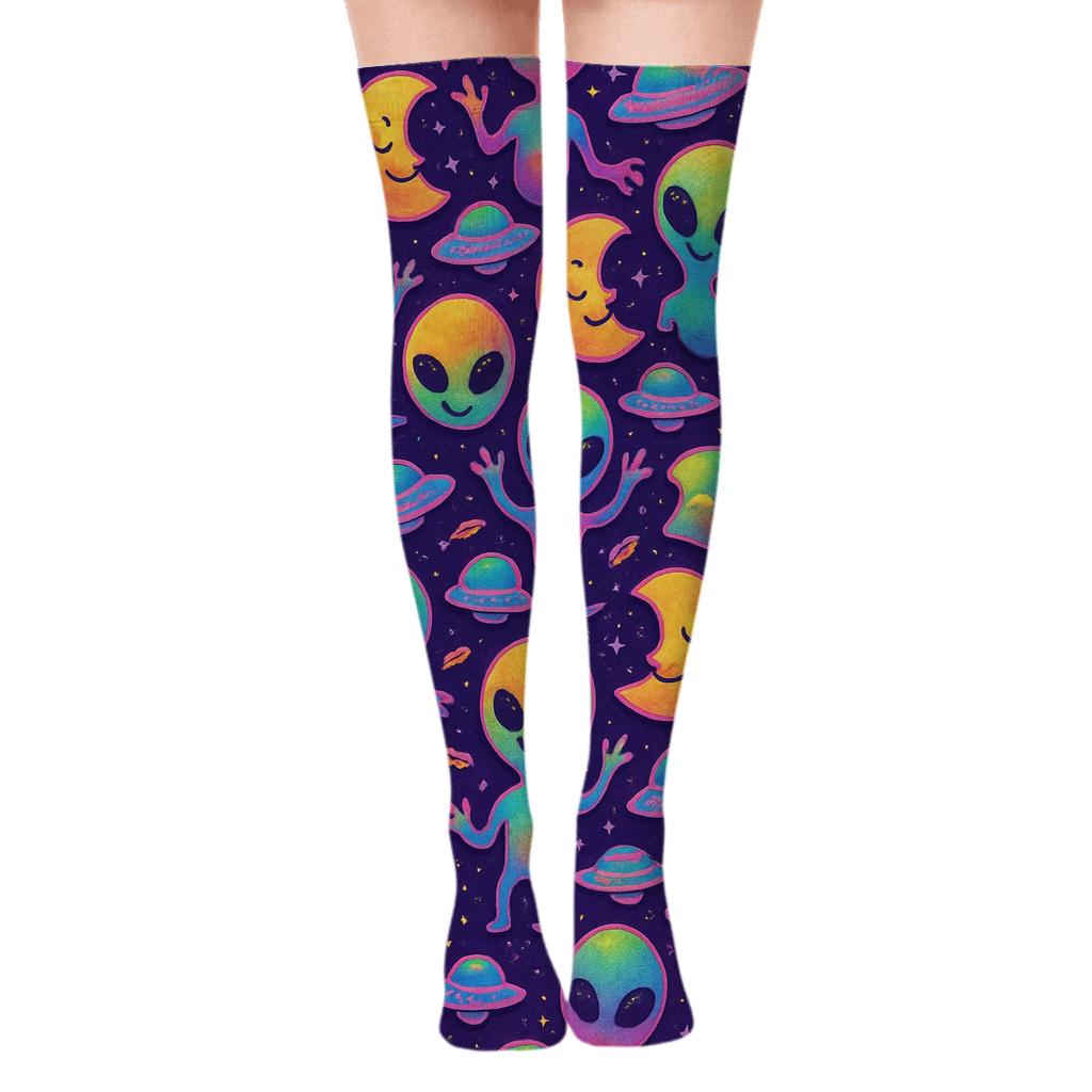 Playful Alien Tessellation designer print over-the-knee socks