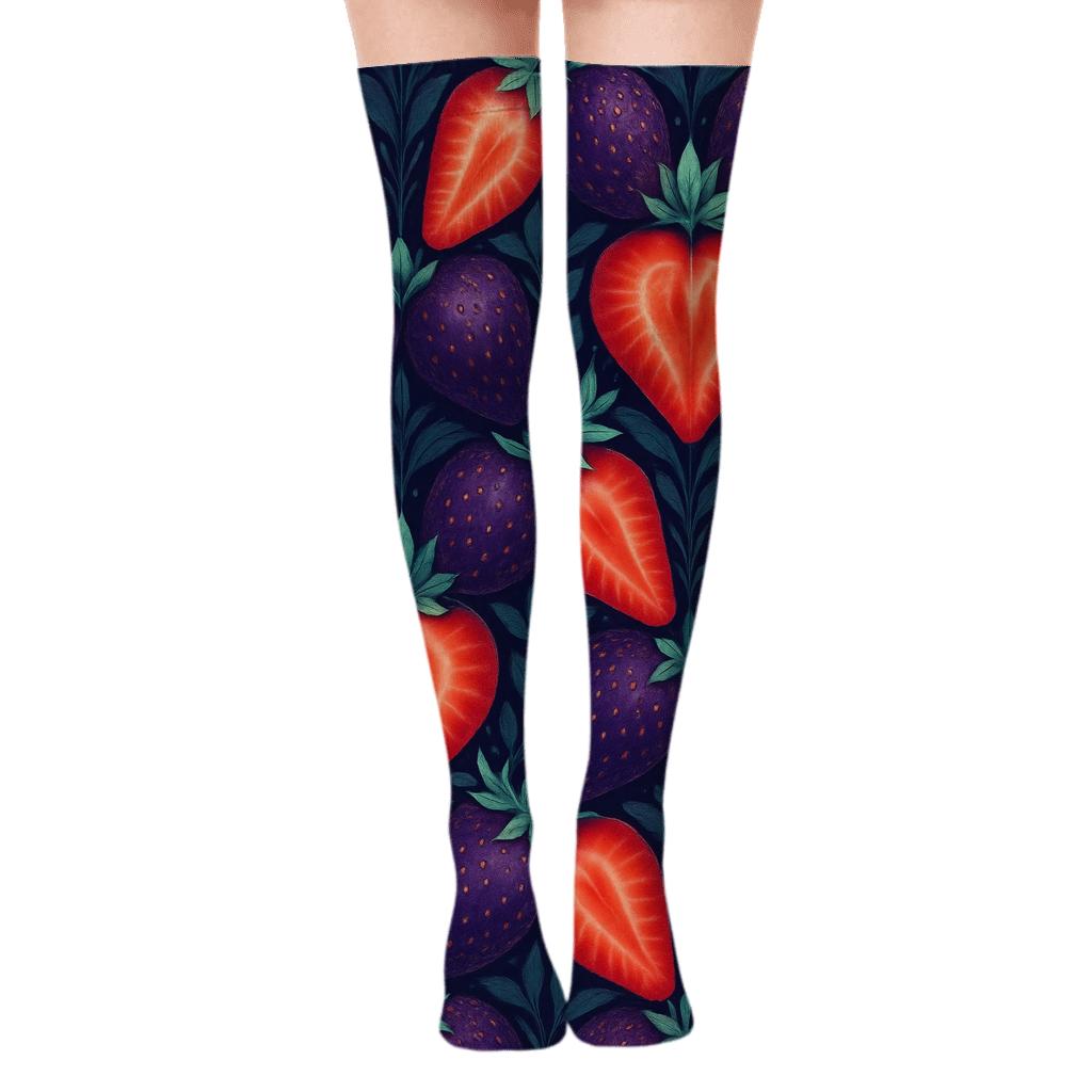Glowing Strawberry Half Tessellation On Navy Blue premium cozy over-the-knee socks