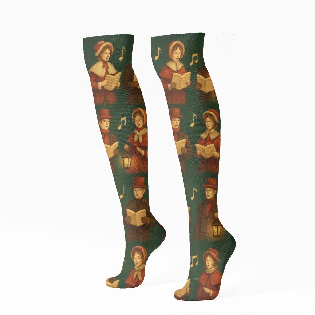 Carolers In Row Holiday trendy patterned knee-high socks