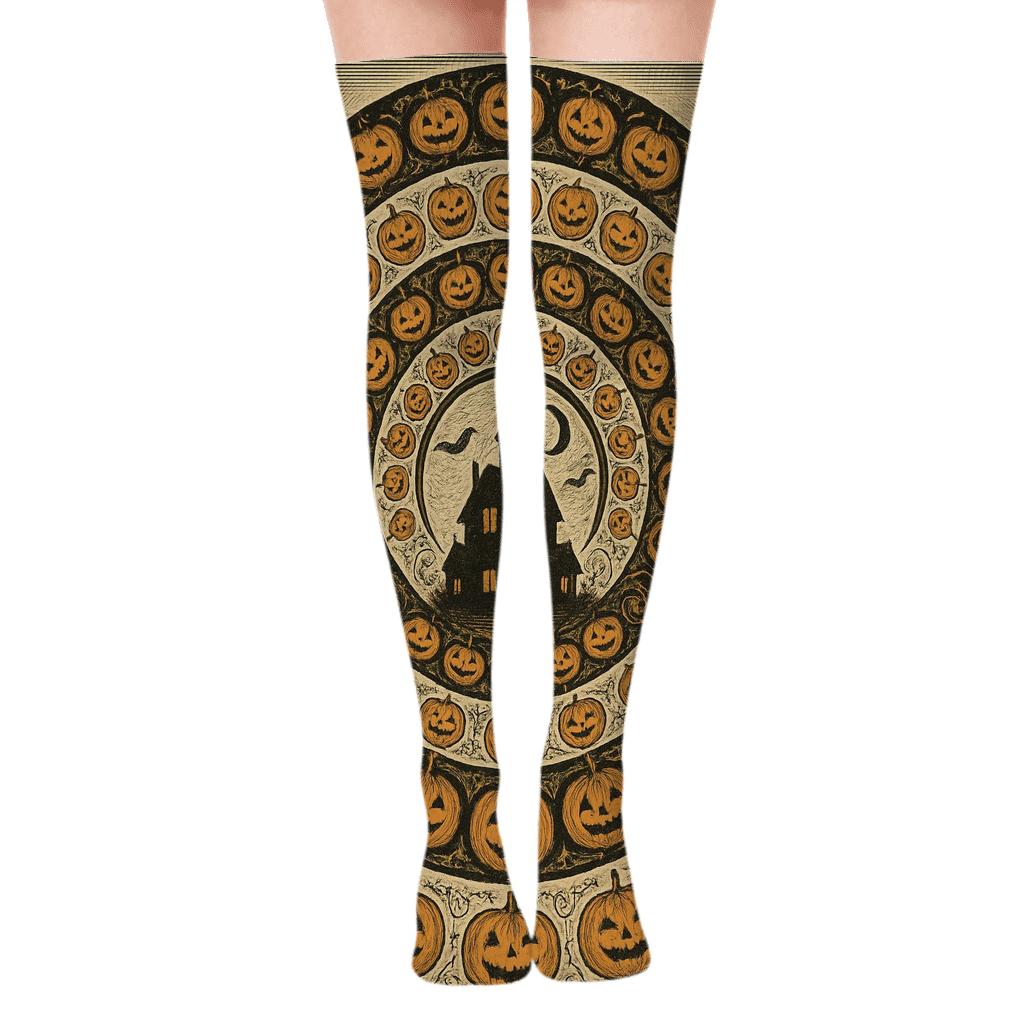 Haunted House Concentric Pumpkin Field On Proper Background soft everyday over-the-knee socks