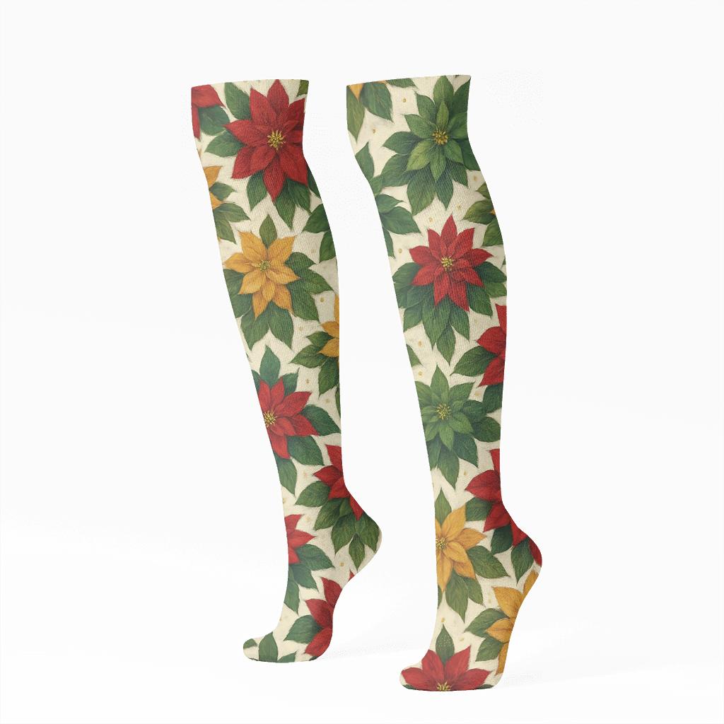 Poinsettia Chevron Holiday unique graphic knee-high socks