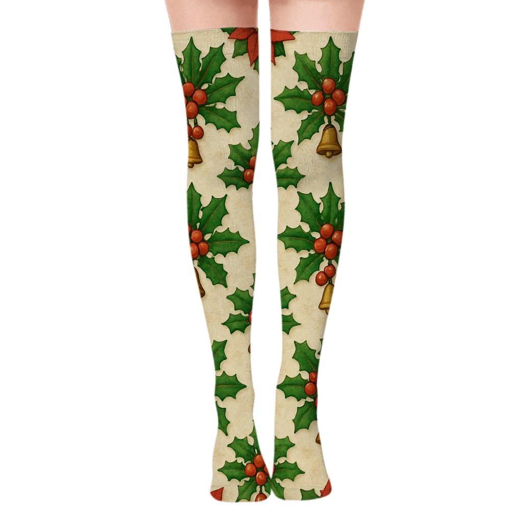 Joyful Holly Grid Christmas custom over-the-knee socks