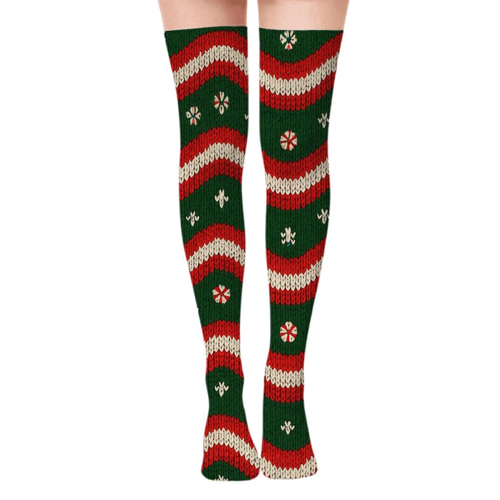 Candy Cane Wave Pattern Christmas unique graphic over-the-knee socks
