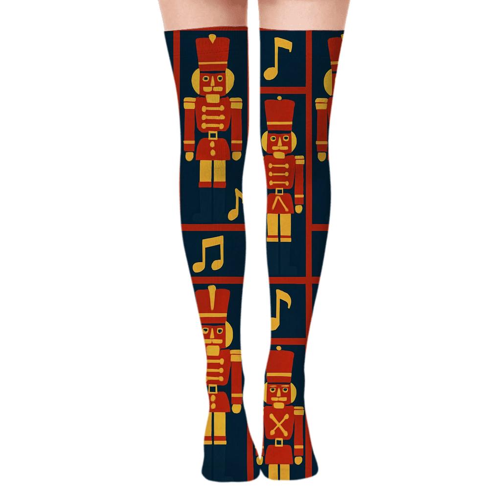 Nutcracker Silhouette Grid Xmas comfortable cotton over-the-knee socks