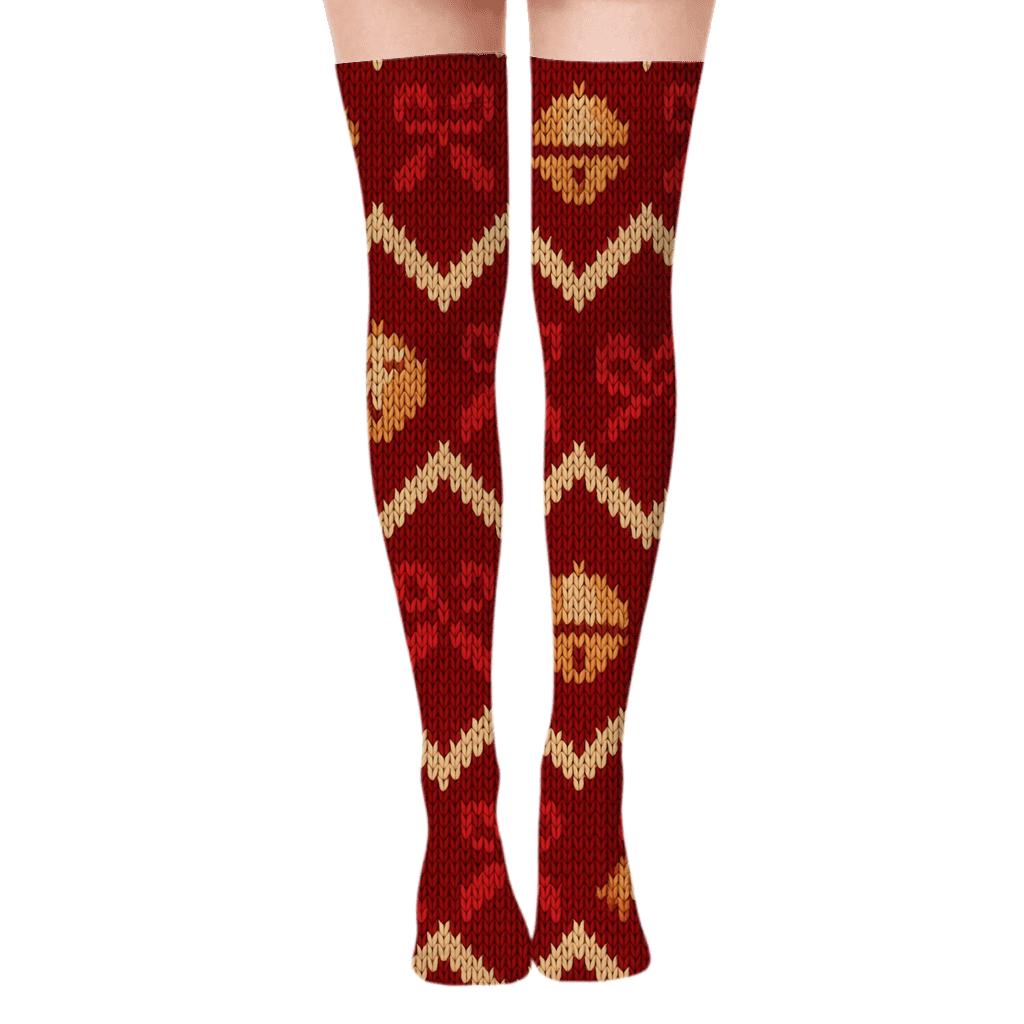 Sleigh Bell Chevron Christmas unique graphic over-the-knee socks
