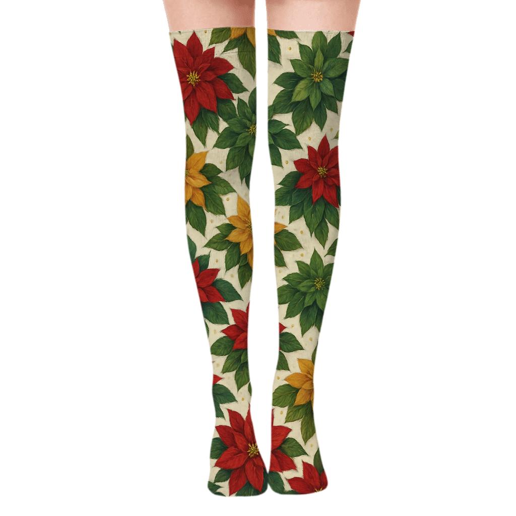 Poinsettia Chevron Holiday designer print over-the-knee socks