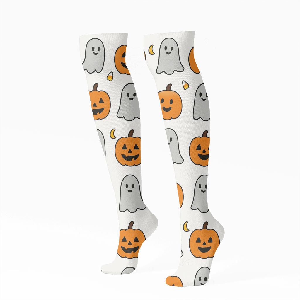 Pumpkin And Ghost Alternating Grid On White Background designer print knee-high socks