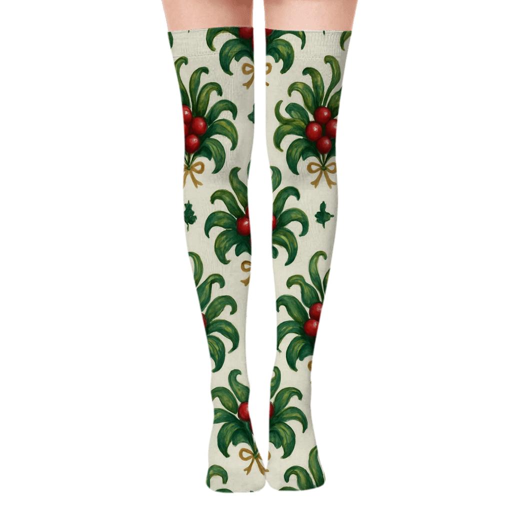Crimson Mistletoe Grid On Ivory Background premium cozy over-the-knee socks