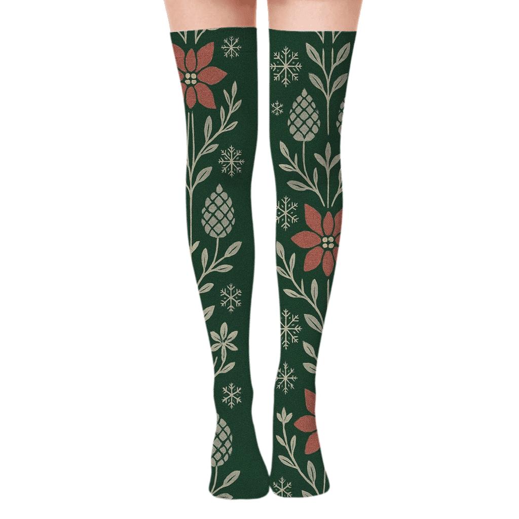 Nordic Snowflake Mirror Bouquet On Forest Background stylish fashion over-the-knee socks