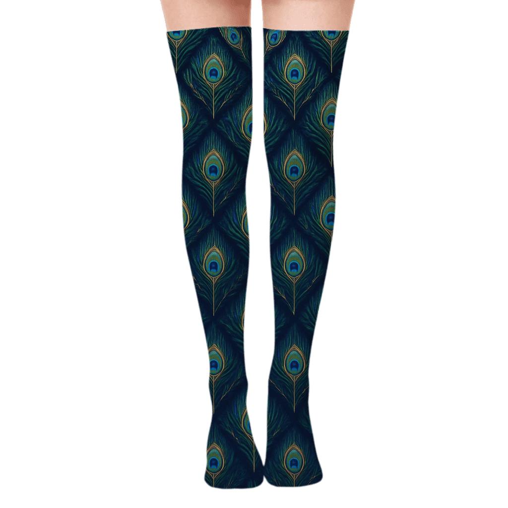 Peacock Tail Chevron On Navy Blue Background unique graphic over-the-knee socks