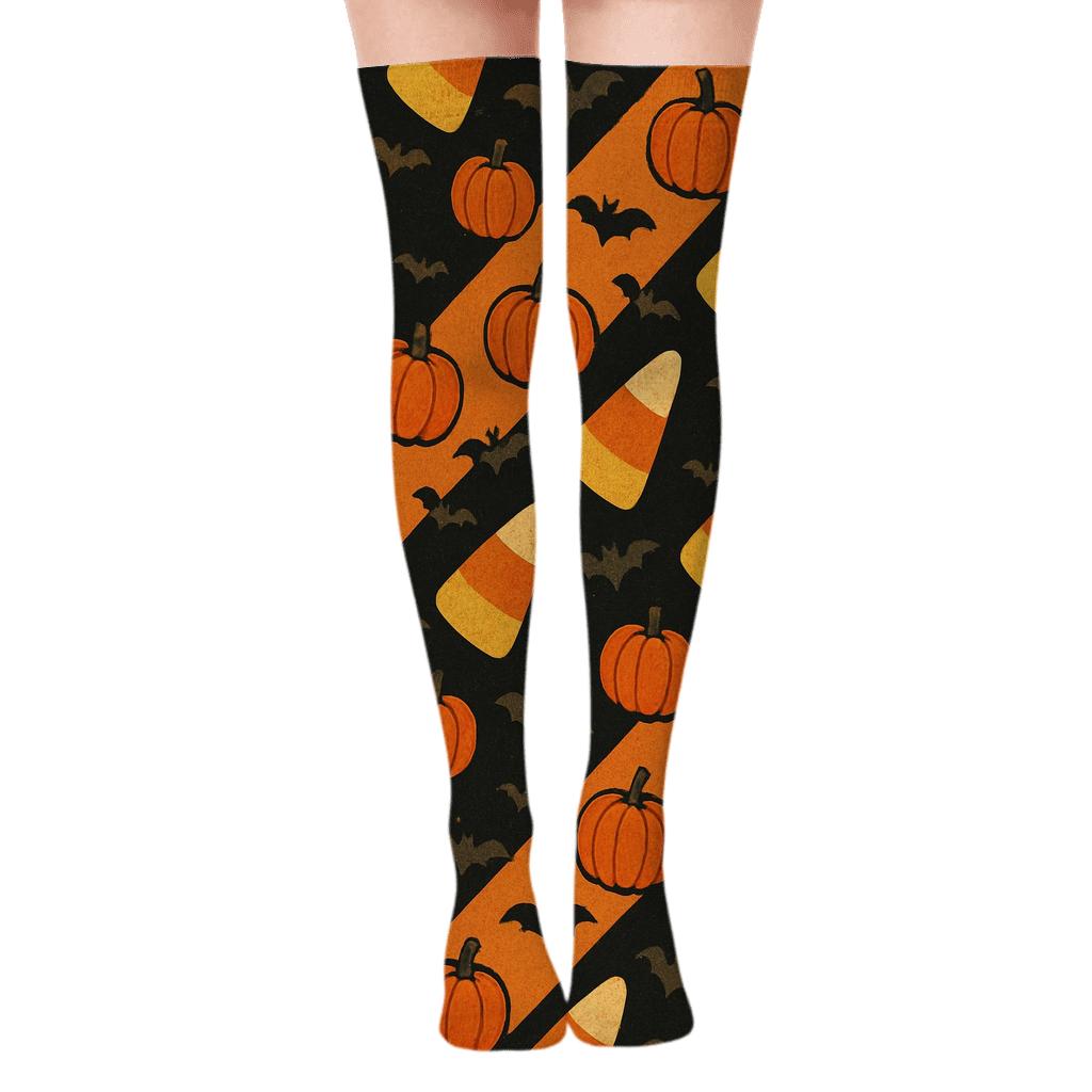 Diagonal Candy Corn Stripe With Small Pumpkins On Black Background trendy patterned over-the-knee socks