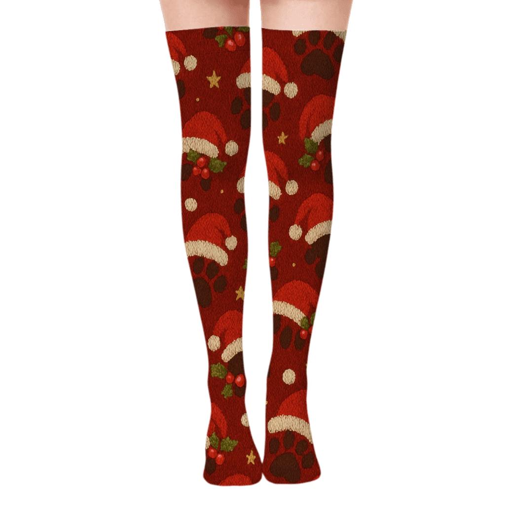 Santa Hat Paws Scatter On Deep Red personalized over-the-knee socks