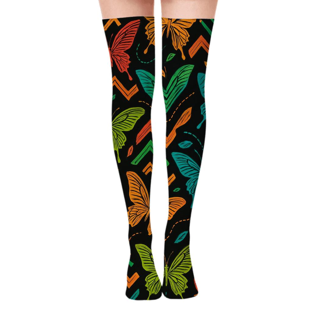 Swallowtail Flight Trail Chevron On Black unique graphic over-the-knee socks
