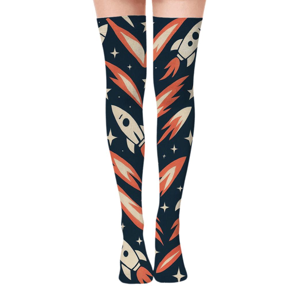 Retro Rocket Chevron Parade designer print over-the-knee socks