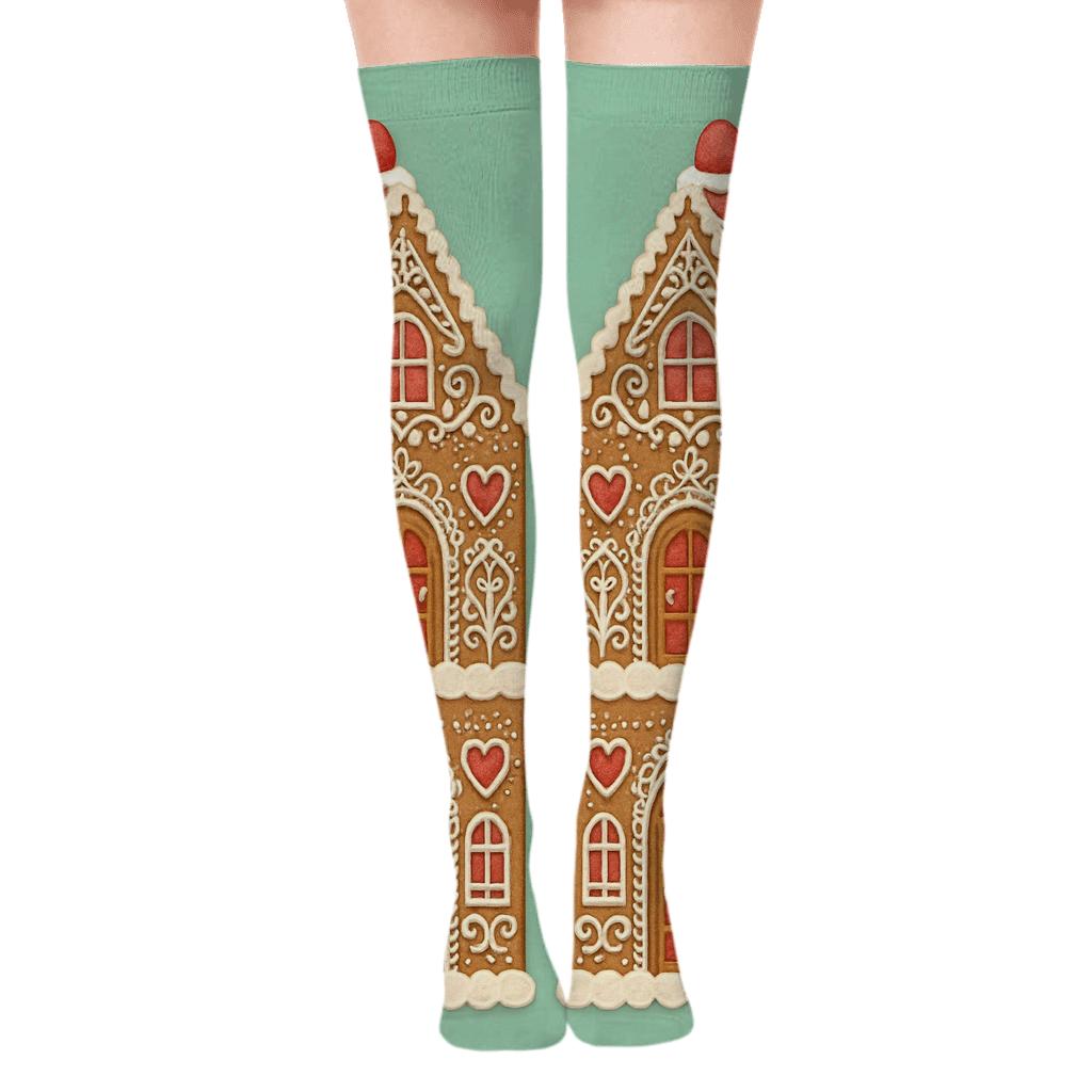Gingerbread House Mirror Pattern Holiday designer print over-the-knee socks