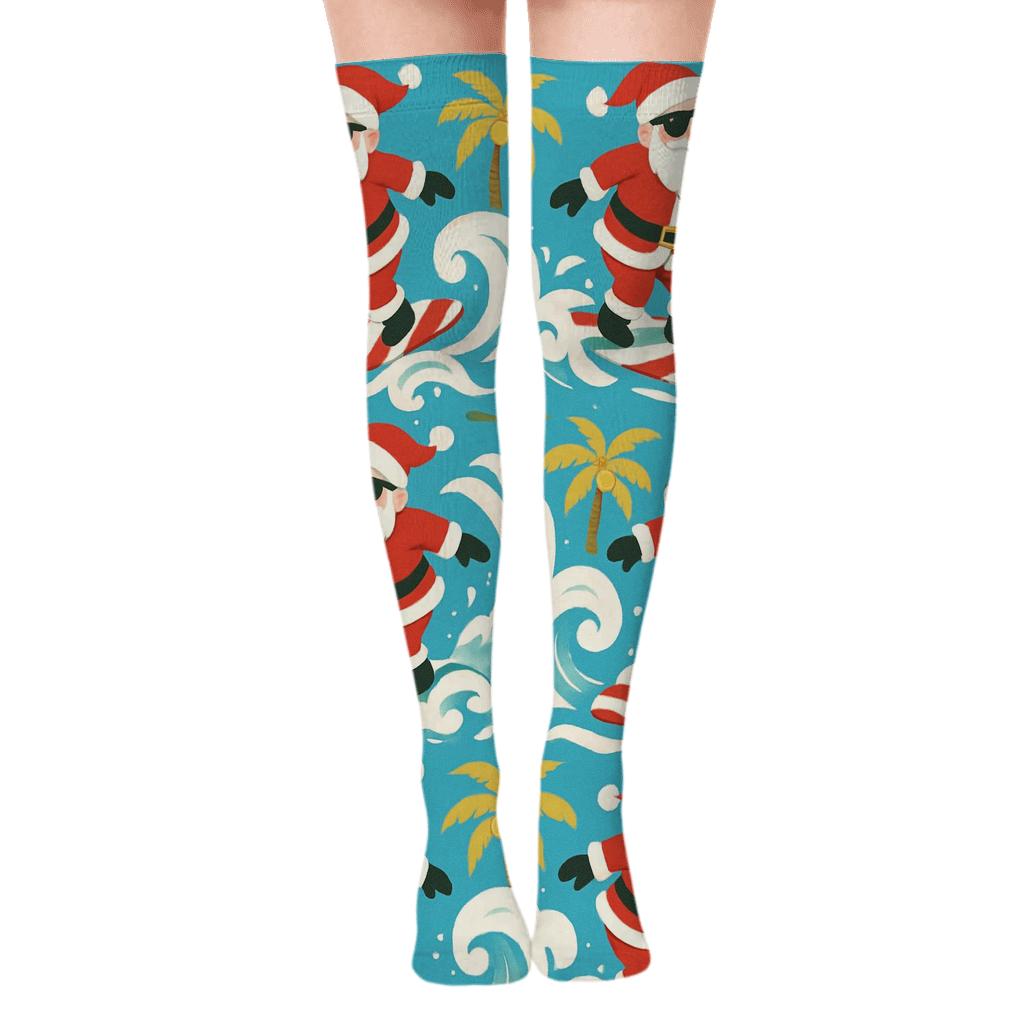 Santa Surfing Wave Holiday comfortable cotton over-the-knee socks