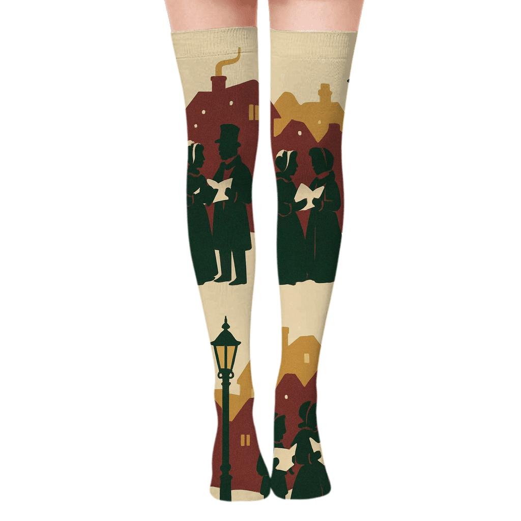 Caroling Scene Frieze Christmas stylish fashion over-the-knee socks