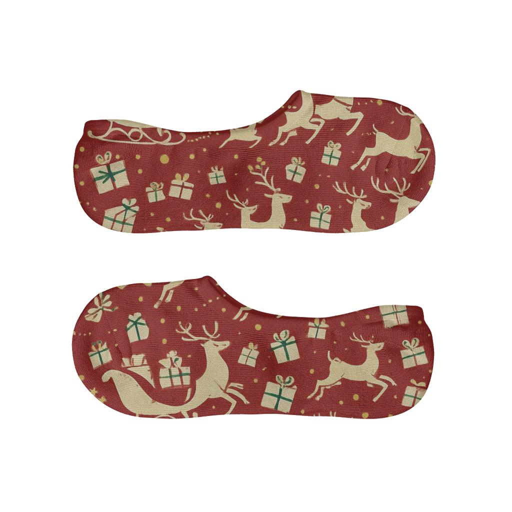 Santa Sleigh Diagonal Array On Festive Red Background personalized no-show socks