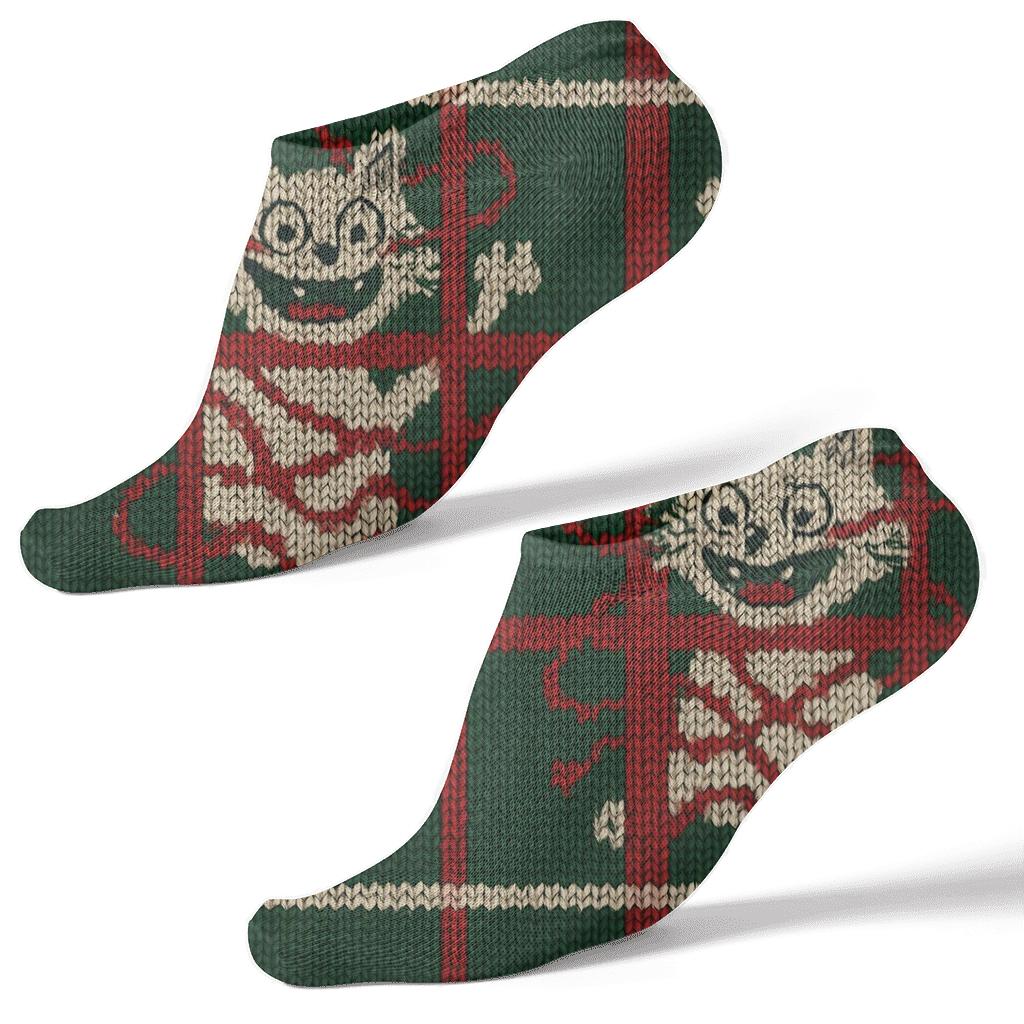 Green Plaid Cat Chaos On Ivory Background unique graphic ankle socks