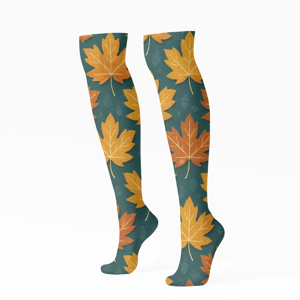Golden Maple Tessellation On Deep Teal Field unique graphic knee-high socks