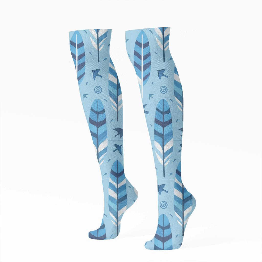 Blue Jay Feather Grid On Sky Blue Background comfortable cotton knee-high socks