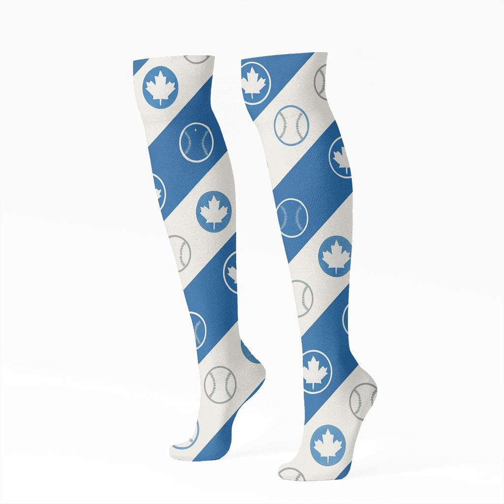 Maple Stripe With Blue Jays Motif unique graphic knee-high socks