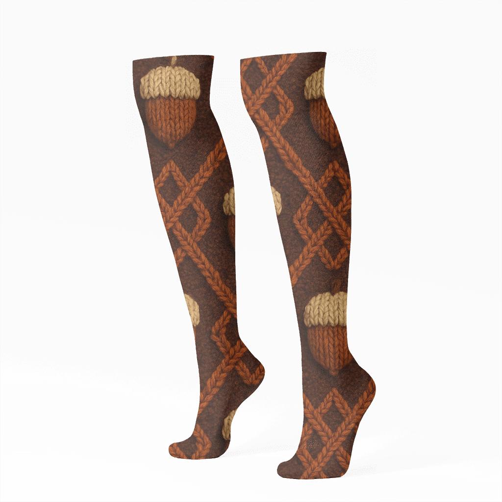 Cozy Knitted Acorn Grid On Chocolate Background trendy patterned knee-high socks