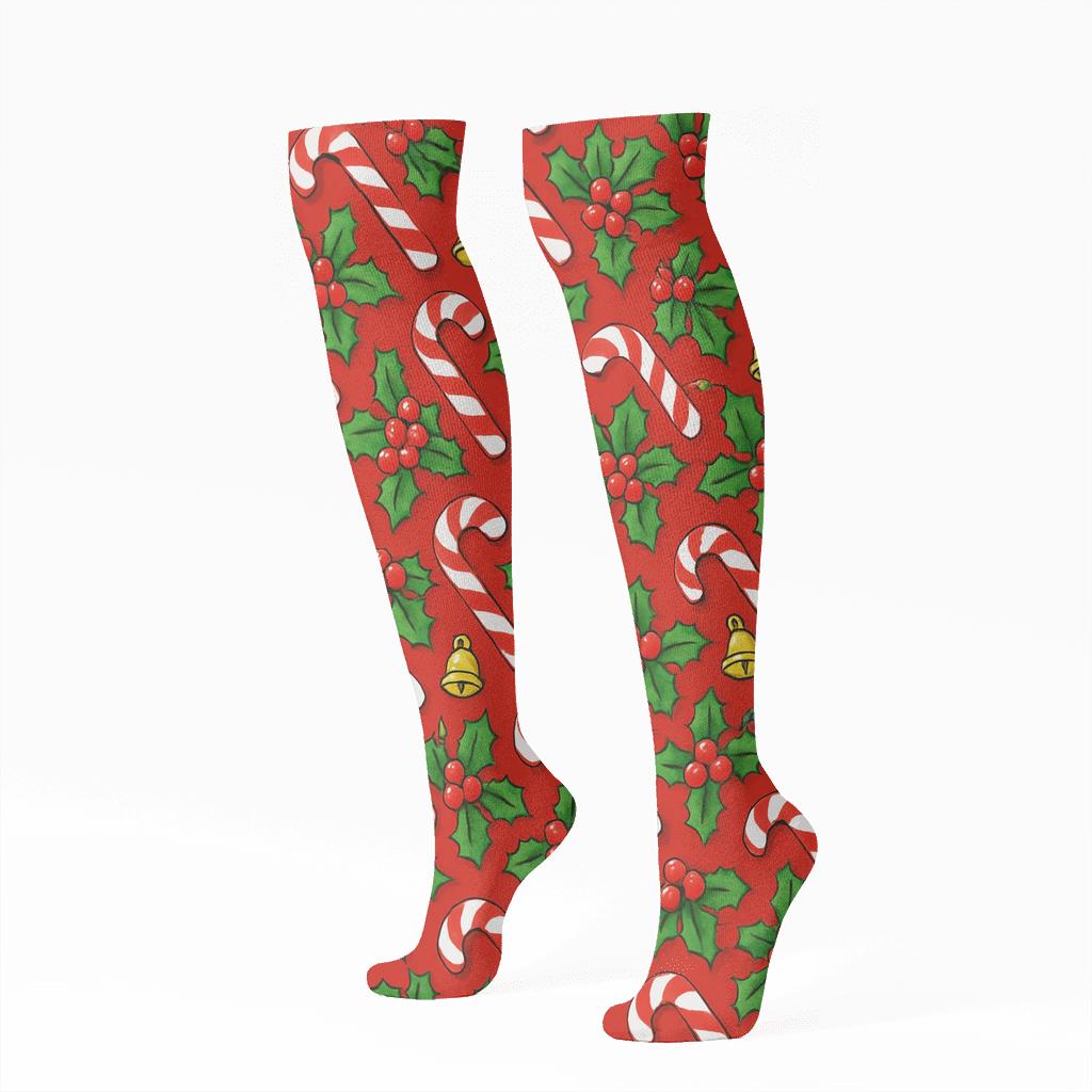 Candy Cane Diagonal Array On Crimson stylish athletic knee-high socks