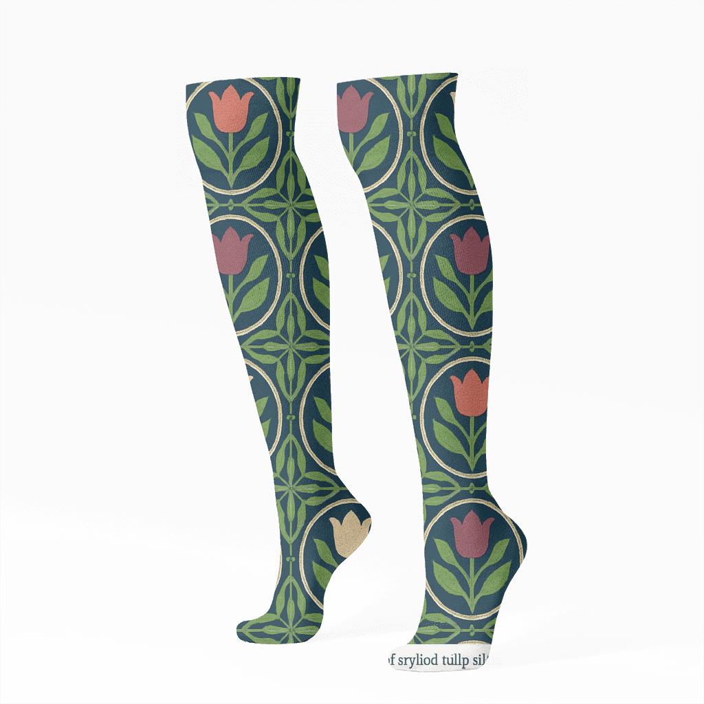 Tulip Mosaic On Navy Blue Background comfortable cotton knee-high socks