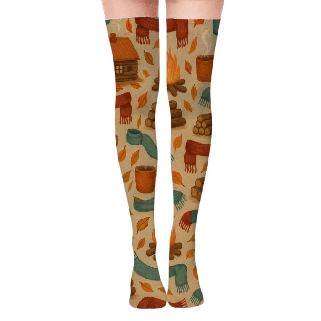 Cozy Cabin Scene Wrapping Repeat Over-the-Knee Socks