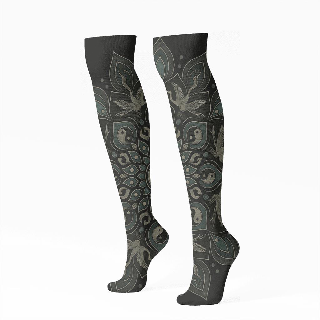 Radial Duality Mandala On Black Background personalized knee-high socks