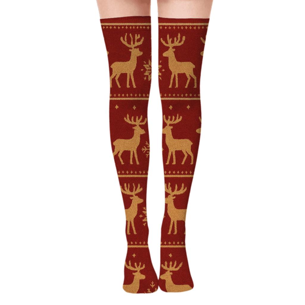 Nordic Snowflake And Reindeer Band On Crimson Field trendy patterned over-the-knee socks