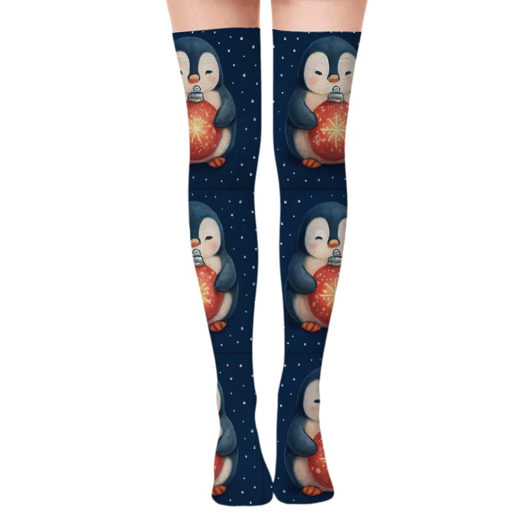 Penguin Ornament Grid On Navy Blue soft everyday over-the-knee socks