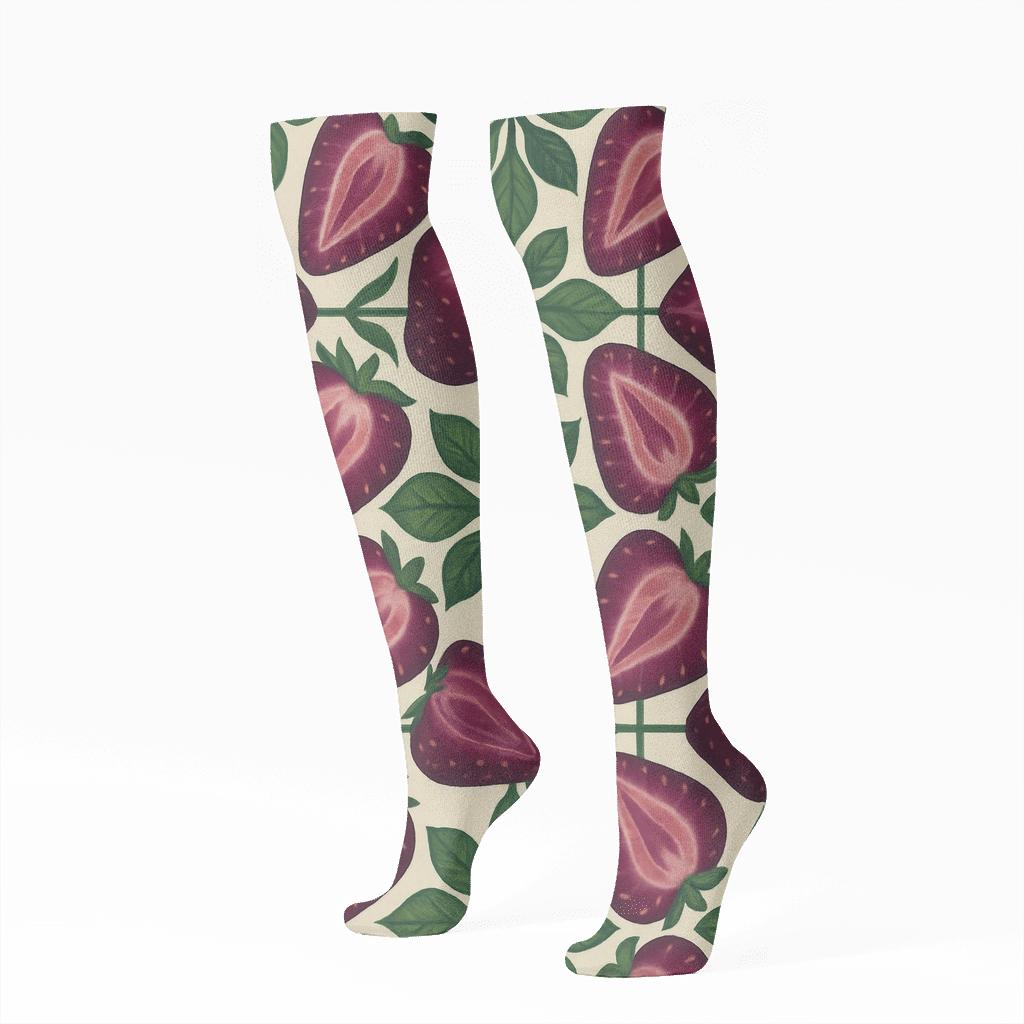 Leaf Lattice And Berry Half Grid stylish athletic knee-high socks