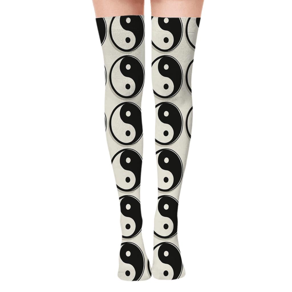 Taijitu Grid On Ivory Field stylish fashion over-the-knee socks