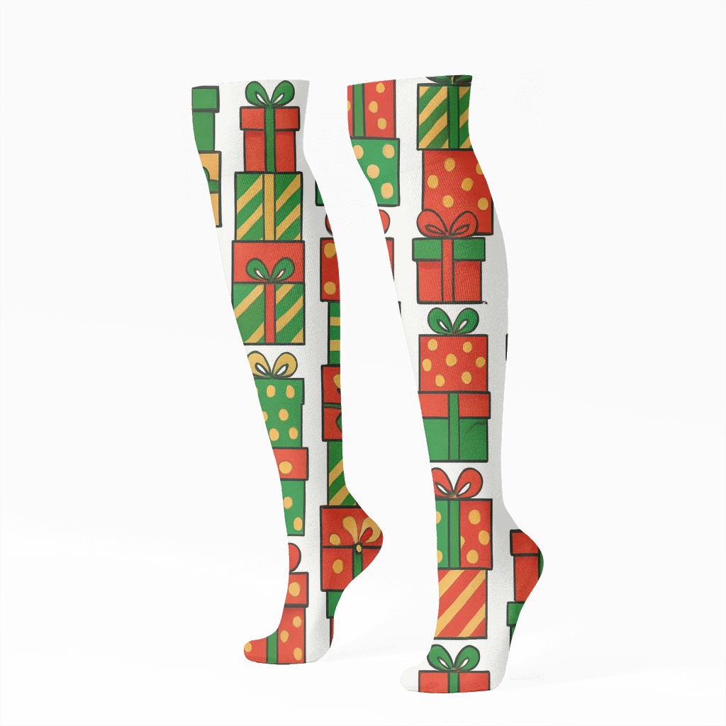 Presents Stack Holiday Repeat Christmas unique graphic knee-high socks