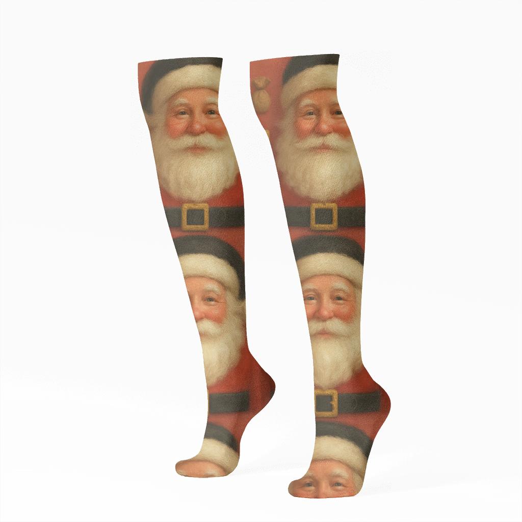Cozy Santa Face Grid With Santa comfortable cotton knee-high socks