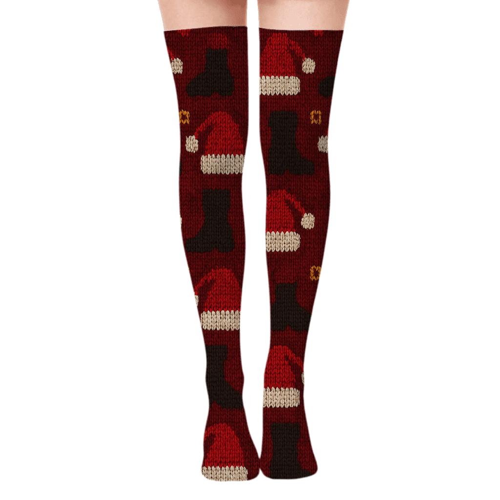 Santa Hat Chevron With Boot Motifs premium cozy over-the-knee socks