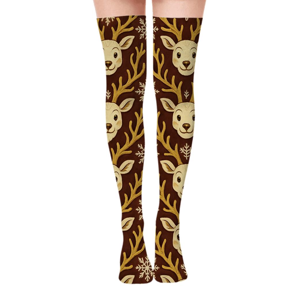 Reindeer Heads And Snowflakes Tessellation On Rich Burgundy Background premium cozy over-the-knee socks
