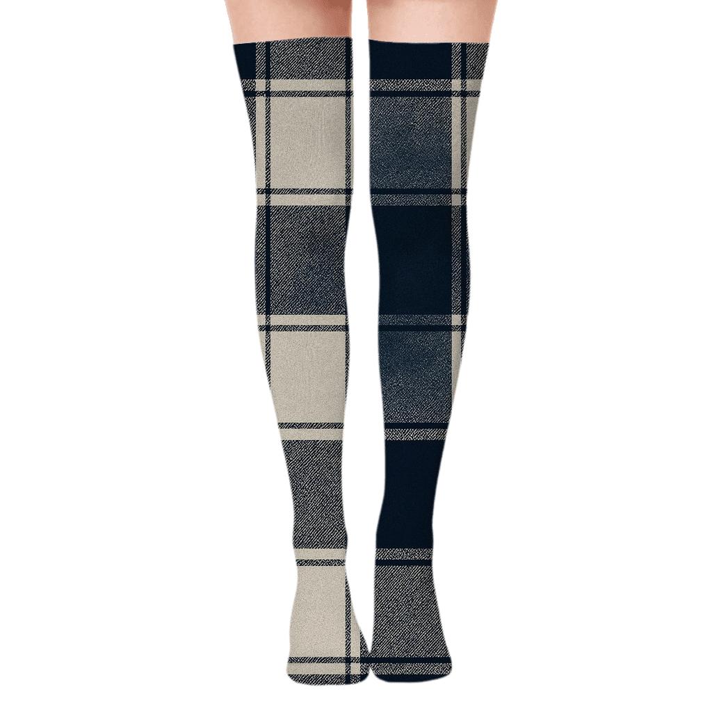 Navy Tartan Plaid Blocks with Tonal Gradients Over-the-Knee Socks