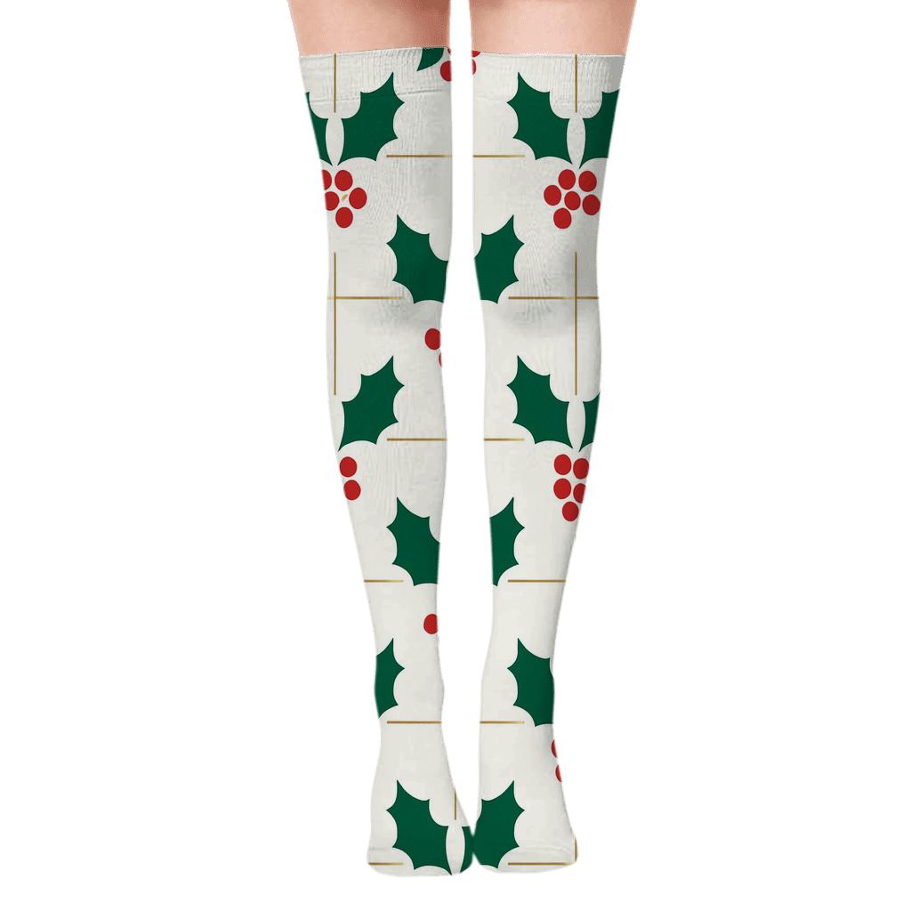 Minimalist Holly Motif Holiday stylish fashion over-the-knee socks