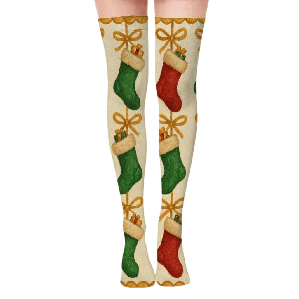 Christmas Stocking Border Pattern comfortable cotton over-the-knee socks