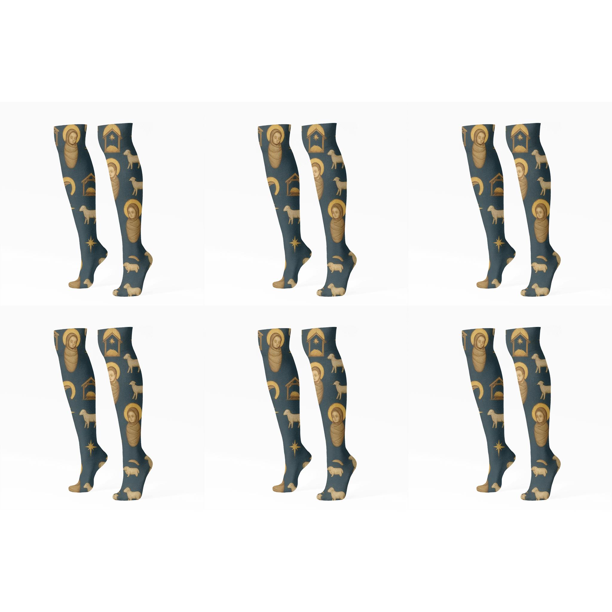 Haloed Cradle Pattern With Baby Jesus Motif personalized knee-high socks