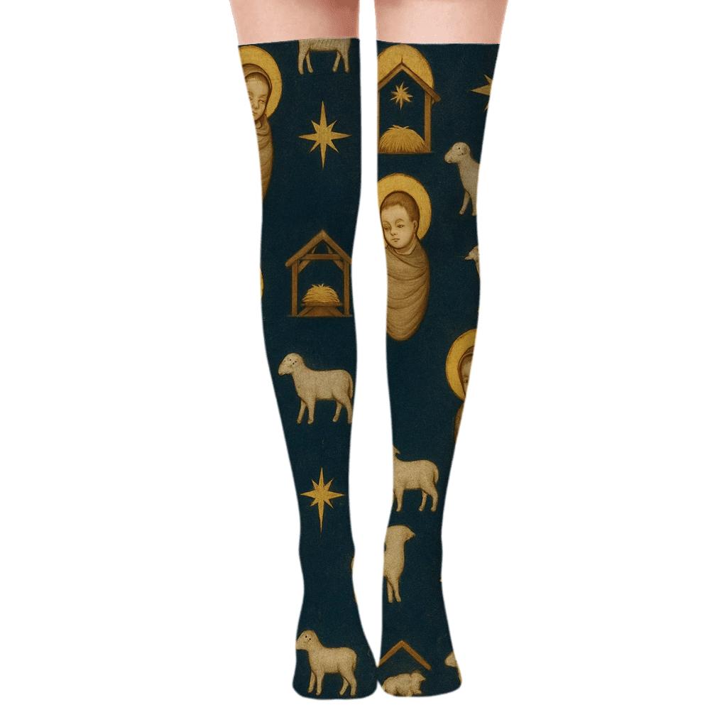 Haloed Cradle Pattern With Baby Jesus Motif designer print over-the-knee socks