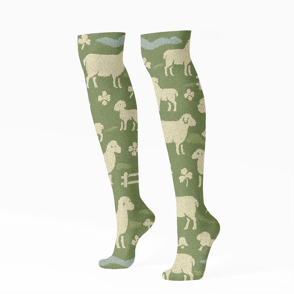 Meadow Motif With Sheep Silhouettes soft everyday knee-high socks
