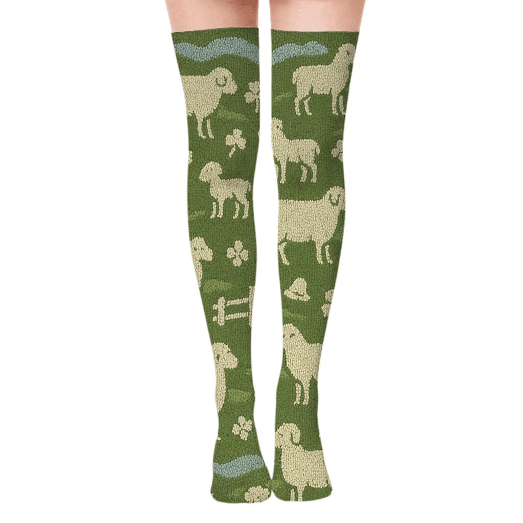 Meadow Motif With Sheep Silhouettes custom over-the-knee socks