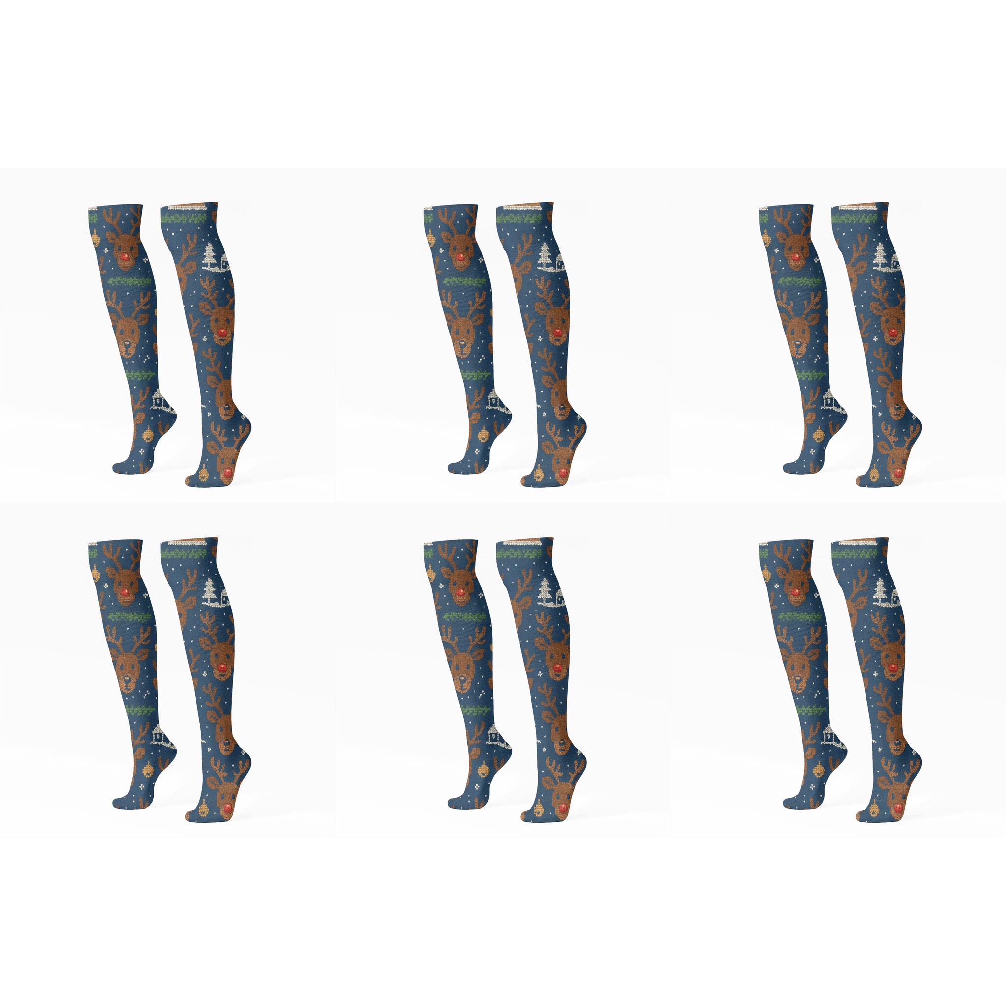 Tiling Reindeer Motifs With Rudolph designer print knee-high socks