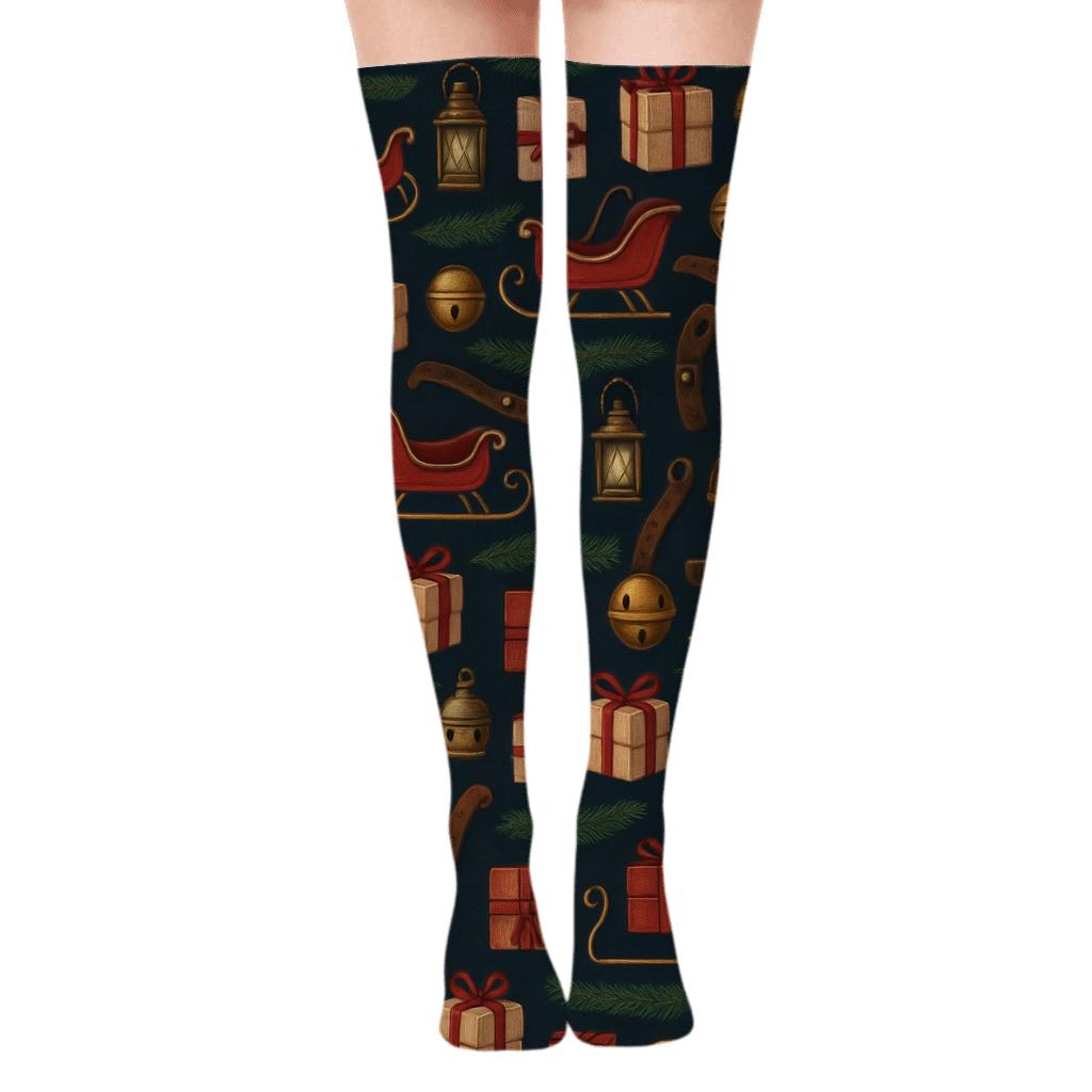 Holly Runner Pattern With Sleigh Motifs trendy patterned over-the-knee socks