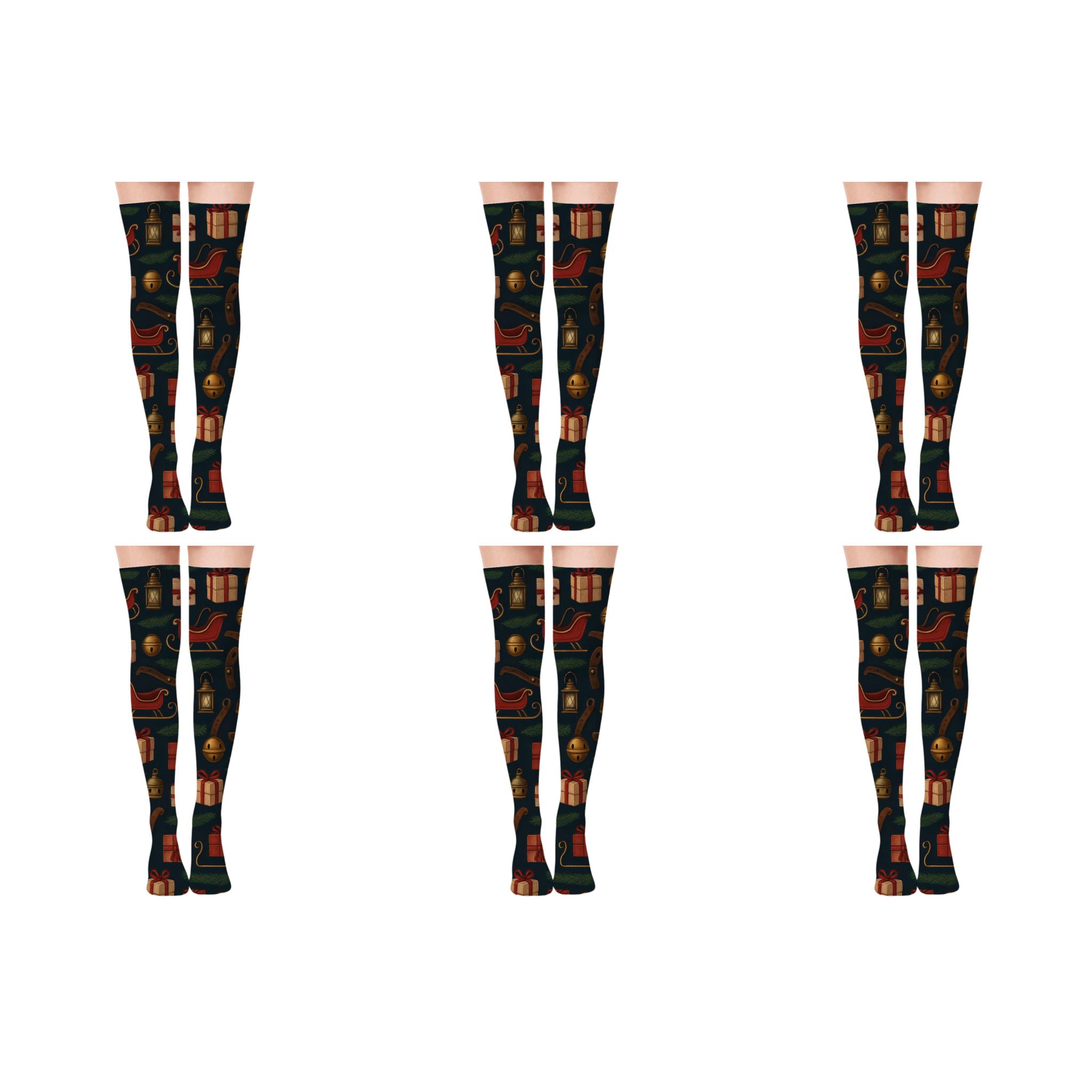Holly Runner Pattern With Sleigh Motifs soft everyday over-the-knee socks